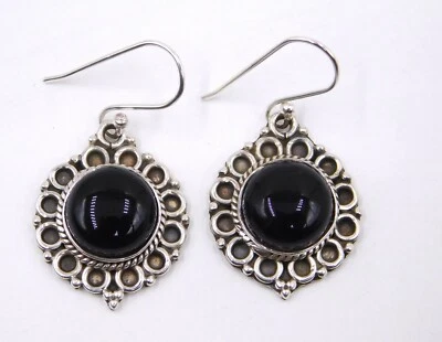 10 GM 925 Argento Sterling Naturale Onice Nera Gemma Fatto Orecchino Size 3.3cm - Immagine 1 di 4