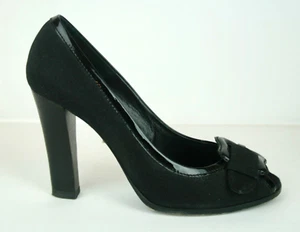 FENDI BLACK FABRIC & PATENT LEATHER SHOES WITH B BUCKLE & PEEP TOE, EU 39.5 - Picture 1 of 5