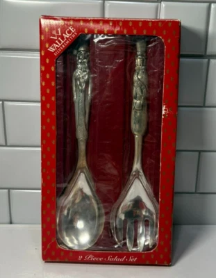 Vintage Wallace Silver Plate Salad Serving Spoons Christmas Tree Santa Heavy - Image 1 of 4