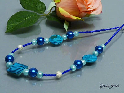  Glass Jewels Silber Kette Halskette Collier Perlmutt Perlen Blau Türkis #A025 - Bild 1 von 3