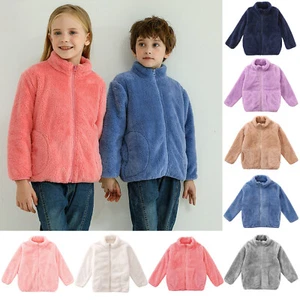 Kids Children Boys Girls Sherpa Fleece Coats Long Sleeve Full Zip Winter Jacket - Picture 1 of 20