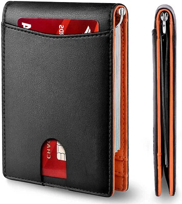 Cartera delgada para hombre con clip para dinero cuero real bloqueo RFID soporte para tarjeta plegable Foto 1 de 4
