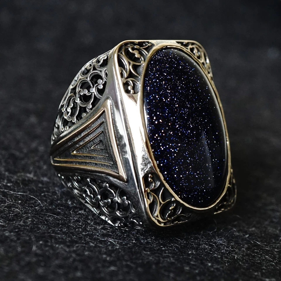 Men's Bold Statement Ring solid Sterling Silver Blue Aventurine glittering stone - Image 1 of 4