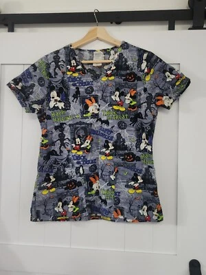 ✅️Disney Scrub Top  XS Halloween Mickey Minnie Mouse Haunted Mansion House S/S - Image 1 of 4