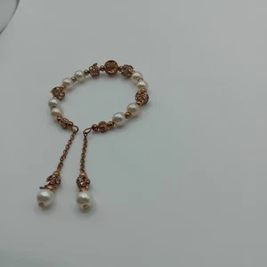 Y2K Women's Faux Pearl Gold Tone Dangle Charm Bracelet Rhinestone Bronze Jewelry - Picture 1 of 9