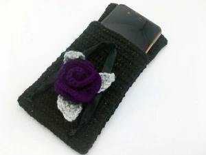 Handmade Crochet Mobile Phone Pouch Bag With Applique Decorative Detail Unique - Picture 1 of 3