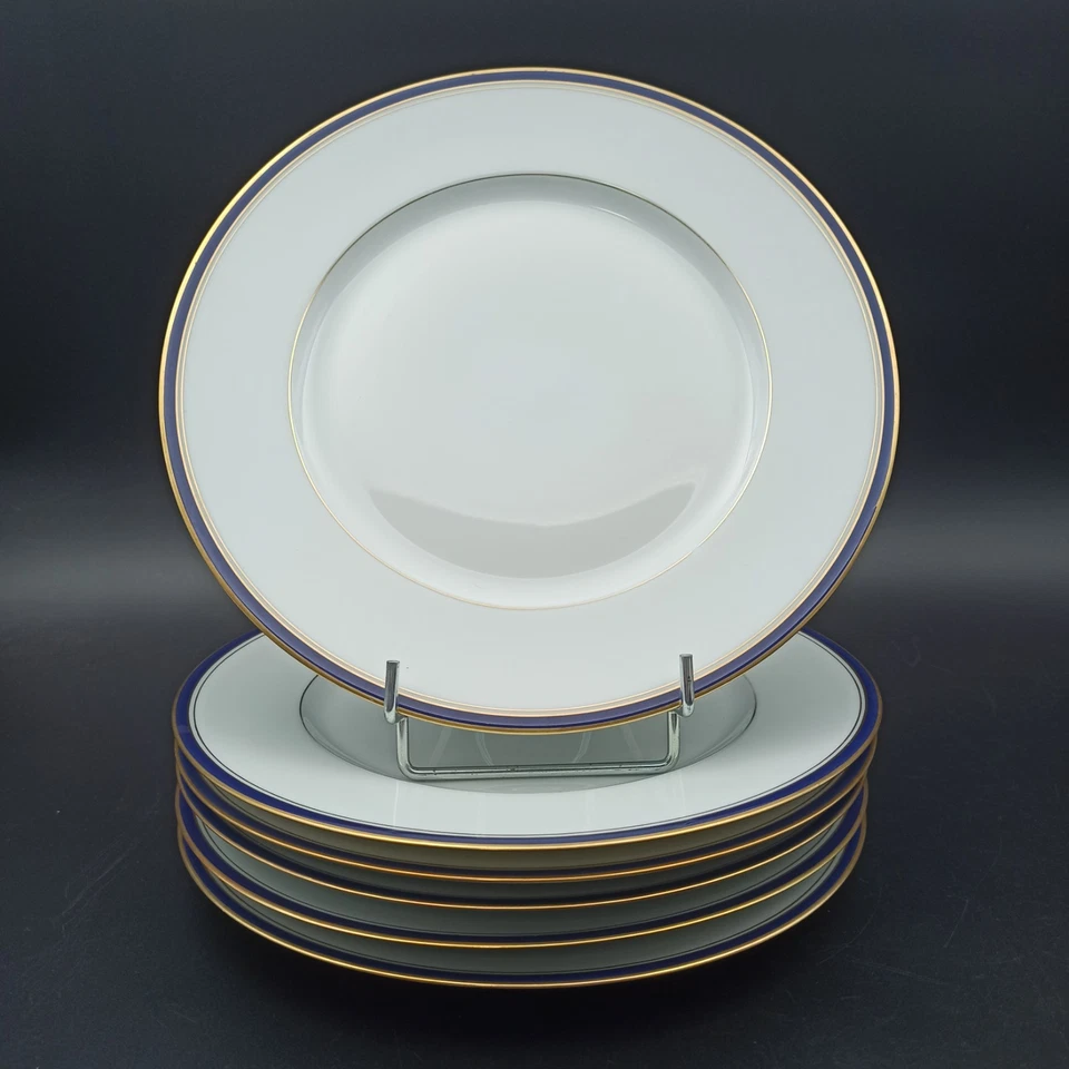 LIMOGES - 6 ASSIETTES PLATES PORCELAINE ANCIENNE MANUFACTURE ROYALE Bleu Or lot1 - Photo 1/4