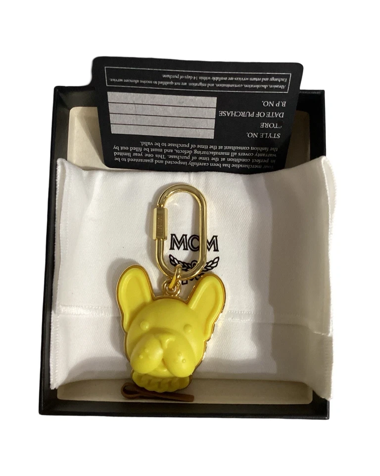 MCM Frenchie Bull Dog Face Keychain Bag Charm Yellow /Gold Dust Bag & Box 40 - Image 1 of 4