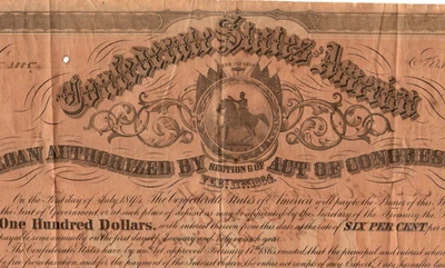 $100 "CONFEDERATE BOND" 1800'S $100 "CONFEDERATE BOND" NICE BOND!!!  1800'S - Image 1 of 3