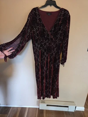 Dress Burnout Velvet 18w Maxi Vamp Whimsigoth Dark Romantic Vneck Balloon Sleeve - Image 1 of 4