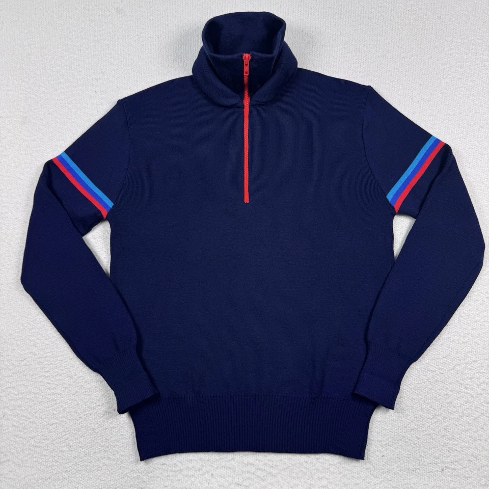 VTG Obermeyer Ski Sweater Men Large 1/2 Zip 100% Wool Thick Double Collar Navy - Image 1 of 4