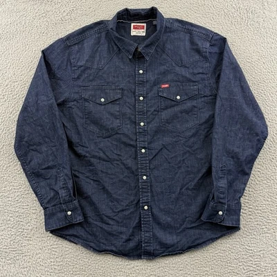 Wrangler Shirt Men Large Blue Denim Western Pearl Snap Long Sleeve Cowboy Casual - Image 1 of 4
