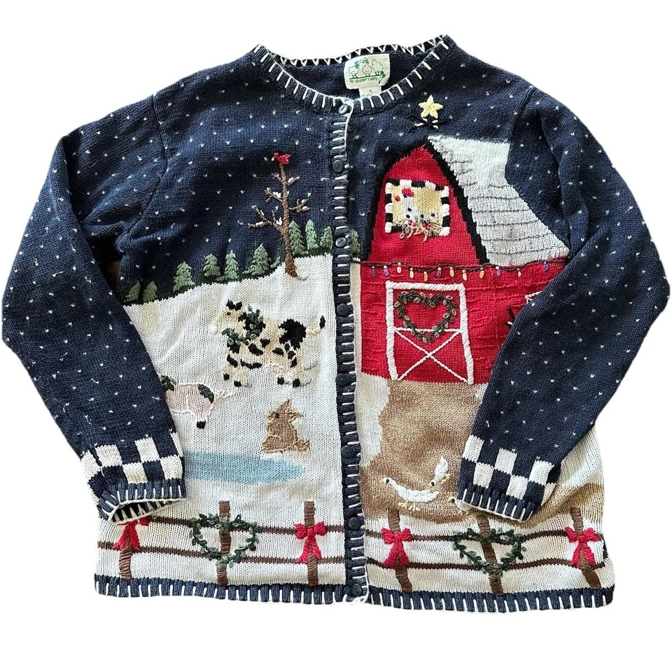 VTG Quacker Factory Medium Barn w/ Animals Christmas Sweater Cardigan Ducks Cow - Image 1 of 4