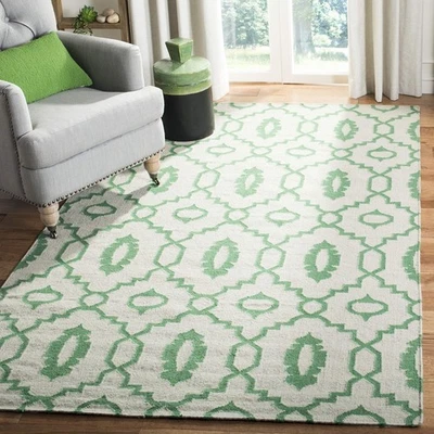 Dhurries Collection Area Rug - 8' Square, Ivory & Green, Handmade Flat Weave ... - Image 1 of 3