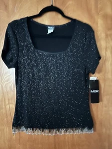 Vintage NWT Y2K Beaded Black And Silver Top by MSK Size M - Picture 1 of 9