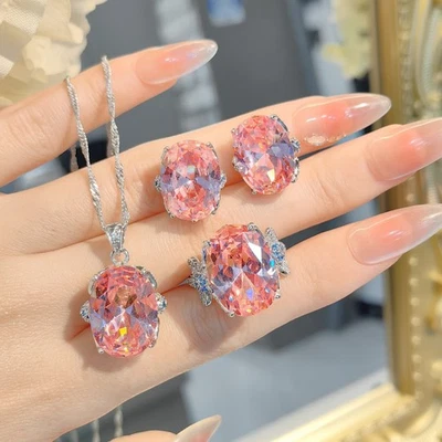3pc Women Girl Party Jewelry Oval Pink Topaz Gems Charm Silver Necklace Rings - Image 1 of 4