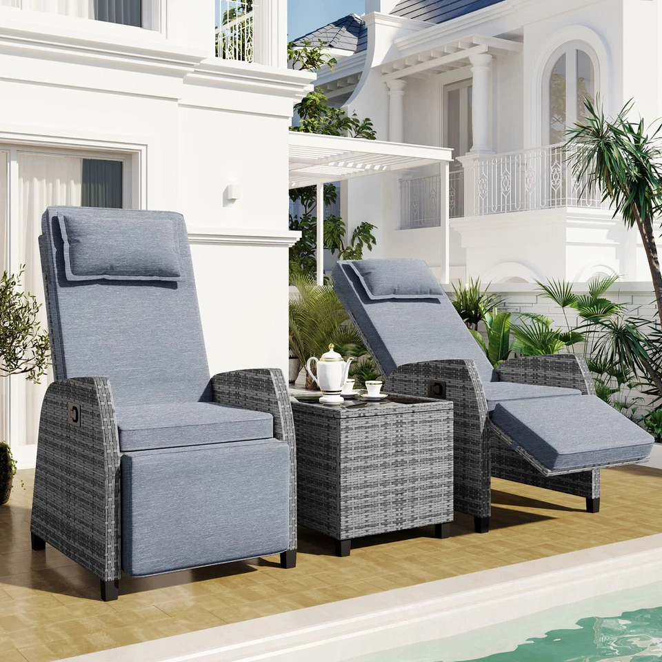 Patio Recliner Chair Conversation Set Rattan Wicker Outdoor Furniture Table Gray - Image 1 of 4