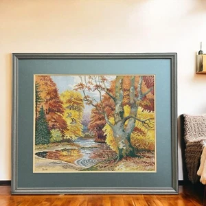 1997 Vintage Embroidered Picture Forest Lake Art With Wooden Frame 30" L x 25" H - Picture 1 of 23