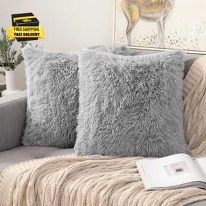 Pack of 2 Grey Throw Pillow Covers Luxury Fluffy Pillows Faux Fur Decorative Pil - Picture 1 of 6