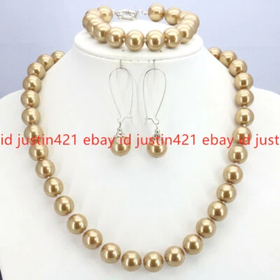 8/10/12mm South Sea Shell Pearl Round Beads Necklace Bracelet Earrings Set 18'' - Image 1 of 4