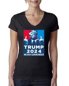 Trump 2024 Never Surrender MAGA Womens Junior Fit V-Neck Tee - Picture 1 of 6