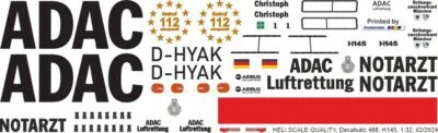 Decal 488 Eurocopter H145 / EC 145T2 ADAC D-HYAK RZV München Christoph 1 - Bild 1 von 2