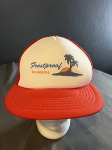 VINTAGE Trucker Hat Cap Snap Back Red White Yupoong Frostproof Florida Palm Tree - Picture 1 of 6