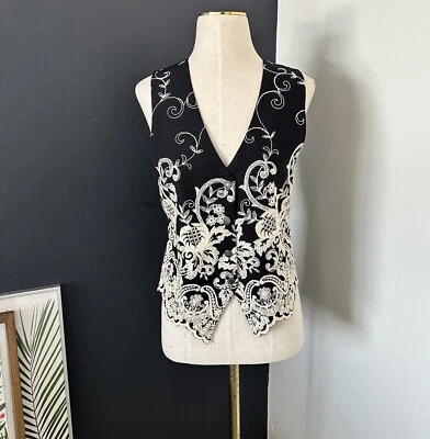 VINTAGE Capezio Women Boho Prairie Vest Black Button Embroidered Top Back Ties S - Image 1 of 4