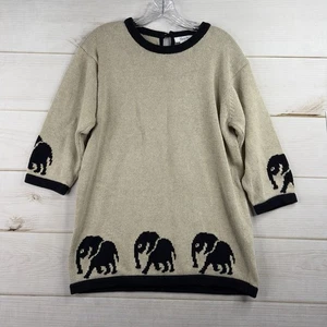 Vtg Bleyle Sweater Womens Size L Tan Black Elephants 3/4 Sleeve Linen Blend - Picture 1 of 10