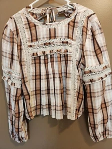 Camicetta donna American Eagle taglia GRANDE marrone a quadri pizzo boho contadina cowgirl - Foto 1 di 5