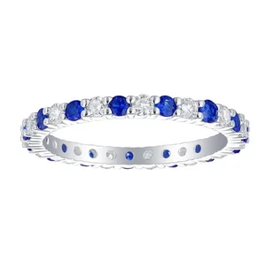 1.2 ct Genuine Lab Grown Blue Sapphire & Moissanite Diamond Eternity Ring - Picture 1 of 5