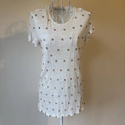 Alice + Olivia t shirt SZ S linen beaded white crew neck tee white short sleeve - Image 1 of 4
