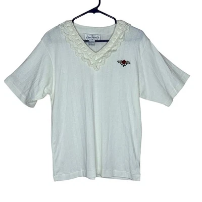 Gina Peters винтажный белый кружевной отделки вышитая роза v-образным вырезом футболка Топ женщин L - Изображение 1 из 4