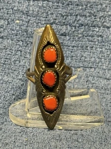 Navajo Silver Red Coral Shadow Box Ring Size 6.5 Statement Estate Ring - Picture 1 of 8