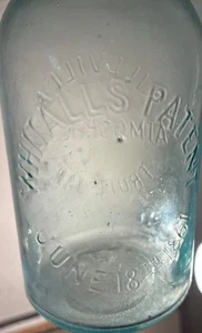 ANTIQUE AQUA MILLVILLE ATMOSPHERIC WHITALL'S FRUIT JAR Patent June 18th 1861 - Picture 1 of 11