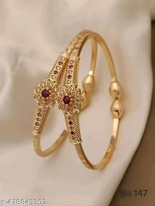 Women Bridal Gold Plated Kundan Bangle Beautiful Stylish Bracelet Kada (2Pcs) - Picture 1 of 4