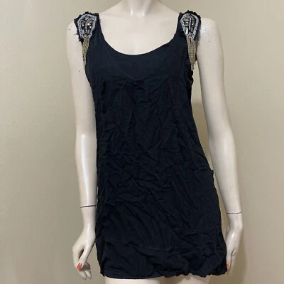 Women’s Black Rayon Casual Stretch Layered Lined Beaded Chains Size M Tunic Top - Image 1 of 4