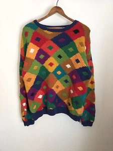 VTG 80s 90s Perry Ellis Colorful Diamond Geometric Knit Cotton Sweater Small - Picture 1 of 11