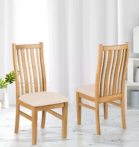 Solid Oak Dining Chairs, Wooden Kitchen Chairs Set of 2 with Beige Fabric Seat - Picture 1 of 8