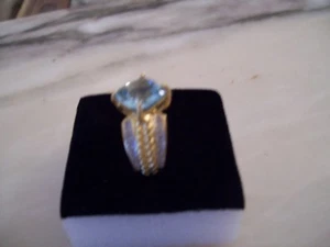 WOMENS 14K YELLOW GOLD PLATED OVERSTERLING SILVER RING BLUE TOPAZ DIAMOND  - Picture 1 of 6