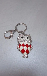Porte cle, bijou de sac hibou rouge & blanc avec strass - Imagen 1 de 1
