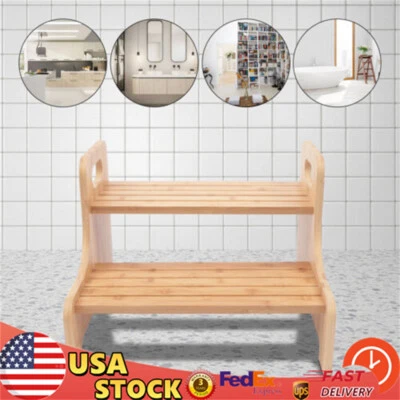 New 2 Layers Bed Steps Adults Stairs Ladder 2 Steps Wooden Kitchen Home Stool - Image 1 of 4