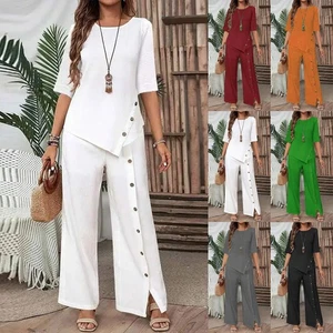 Summer Women Tracksuit Casual Loose Shirts Tops Pants 2PCS Button Set Loungewear - Picture 1 of 16