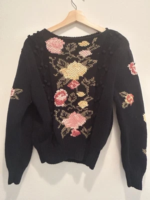 Suéter Liz Claiborne Vintage Floral Oscuro Tejido a Mano Algodón Capricho Foto 1 de 3