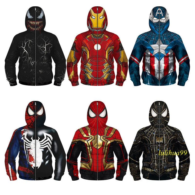 Kids Boys Superhero Hoodies Spiderman Iron man Cosplay Coat Hooded Sweatshirt  - Image 1 of 4