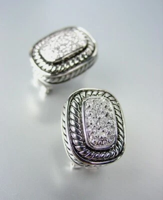 NEW 18kt White Gold Plated Cable Pave Crystals Rectangle Omega Back Earrings - Image 1 of 4