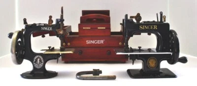 1919 & 1940 Singer Model 20 Child's Sewing Machines + Wood Sewing Box and Clamp - Image 1 of 4