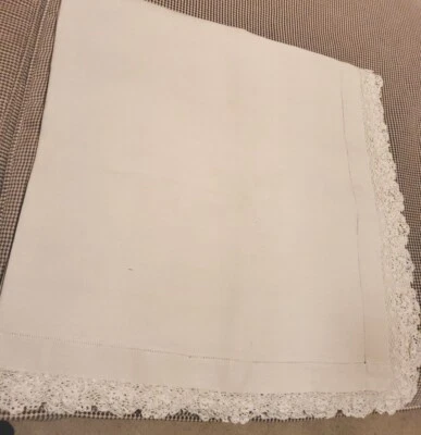 Vintage White Linen 34" Square Tablecloth Topper Rose Scalloped Hand Made Lace  - Image 1 of 4
