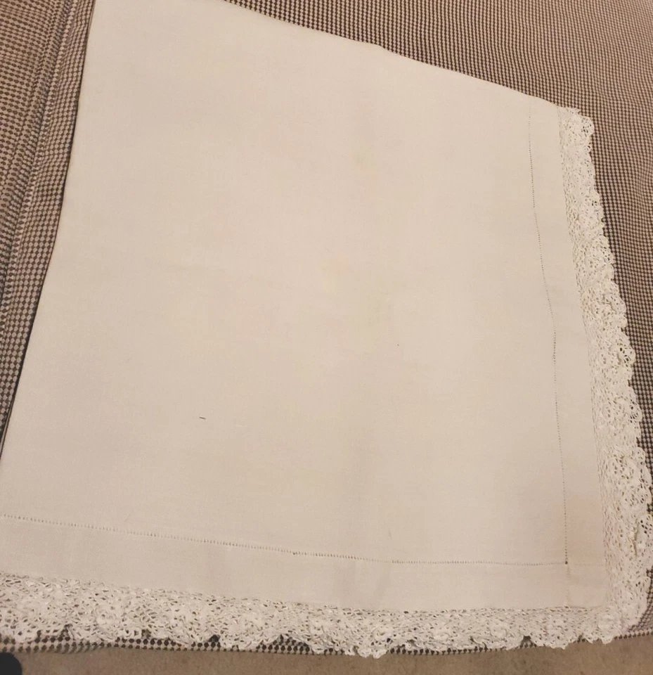 Vintage White Linen 34" Square Tablecloth Topper Rose Scalloped Hand Made Lace  - Image 1 of 4