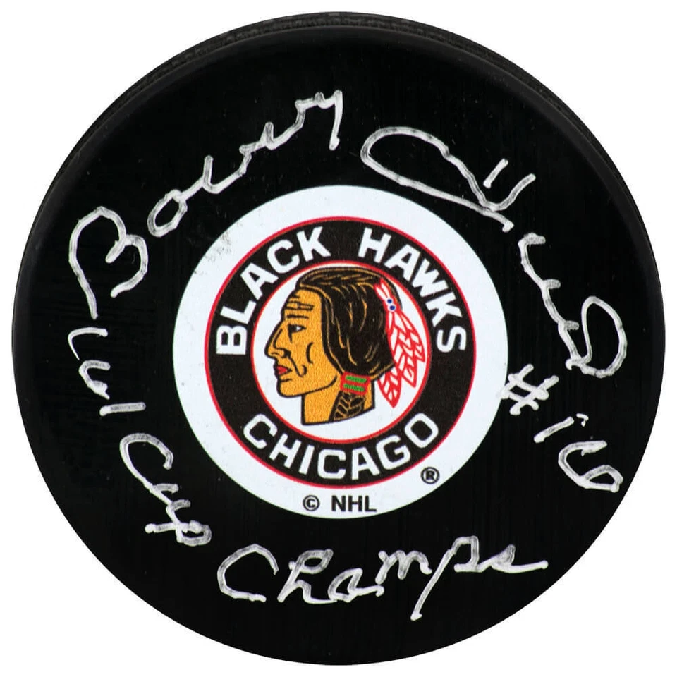 Disco de hockey con logotipo T/B de los Blackhawks firmado por Bobby Hull con 61 campeones de copa - (certificado de autenticidad PSA) Foto 1 de 1